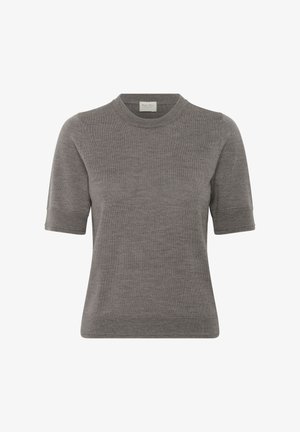 Hallitatud lühikeste varrukatega hall särk, mis on valmistatud pehmest kangast. Omab ümmargust kaelaava ja soonikuid varrukaid ning allääre. Lihtne ja puhas disain.