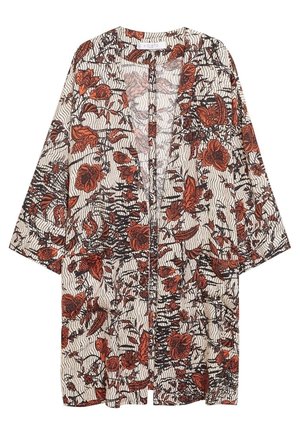 Long kimono ouvert sur le devant, manches larges, couleur de base crème et motif floral orange et noir sur l'ensemble.