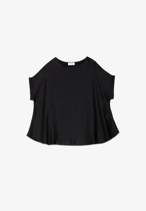 Haut noir à manches courtes, coupe ample, avec encolure arrondie et ourlet légèrement évasé, fabriqué en tissu lisse et léger.