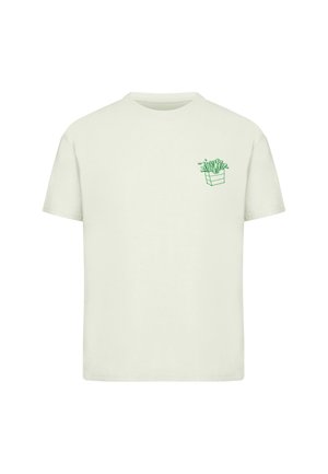 Light gray cotton t-shirt featuring a green graphic of a box with sprouting plants on the left chest. Crew neckline and short sleeves.
