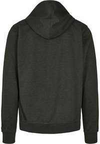 Felpa con cappuccio grigio scuro, con zip frontale, maniche lunghe e un cappuccio ampio. Realizzata in tessuto morbido con cuciture piatte e polsini a coste.