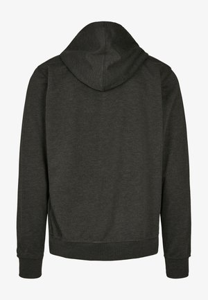 Dunkelgrauer Kapuzenpullover mit einem Frontreißverschluss, langen Ärmeln und einer geräumigen Kapuze. Hergestellt aus weichem Stoff mit flachen Nähten und gerippten Bündchen.