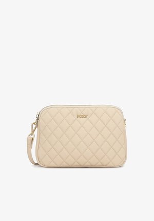 Bēšas krāsas ādas šķērsām nēsājama soma ar zeltu krāsas logo, rāvējslēdzēja aizdari un noņemamu siksnu. Izceļas ar dimanta rakstu un gludu tekstūru.