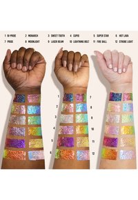 Drei Arme mit verschiedenen Schattierungen schimmernder Farbtupfer auf den Unterarmen, die holografische Texturen in unterschiedlichen Farben und Designs präsentieren.