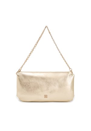 Metallic gold clutch bag with a smooth texture, rectangular shape, and a chain strap. Features subtle logo detail on the front.