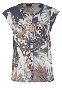 Blusa con stampa floreale caratterizzata da un davanti con bottoni, maniche corte e una vestibilità comoda. I colori includono beige, blu e verde scuro.