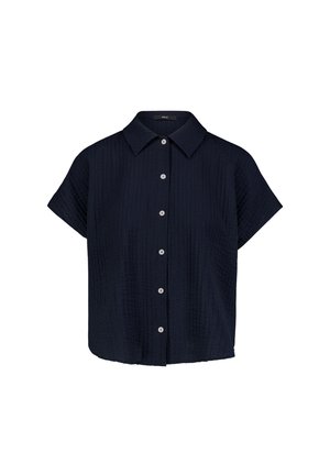 Marineblaue Bluse mit kurzen Ärmeln, strukturiertem Stoff, einem spitzen Kragen und einer Reihe weißer Knöpfe vorne.