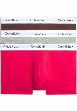 Calvin Klein boxer briefs in red, gray, brown, and white. Features logo waistband with horizontal stripes and smooth cotton fabric.
