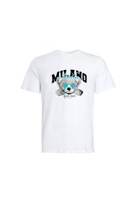 White cotton t-shirt featuring a graphic of a teddy bear with distressed blue accents and "MILANO Italia" text in black, round neckline.