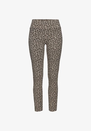 Leopard print leggings in beige with black spots, made of stretch fabric; high waist design; smooth texture and fitted shape.