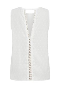 Witte mouwloze blouse met een diepe V-hals, textuurstof en kantdetails aan de voorkant. Heeft een subtiel gestippeld patroon.
