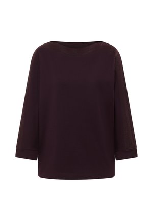 Vínový top s tříčtvrtečními rukávy a kulatým výstřihem, s texturovanými síťovanými panely na ramenou a bocích. Měkký materiál.