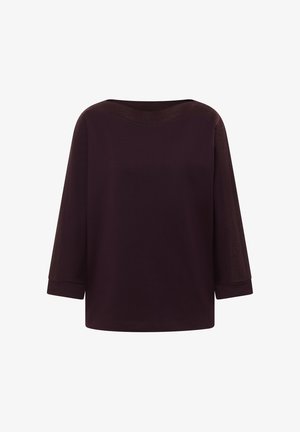 Vínový top s tříčtvrtečními rukávy a kulatým výstřihem, s texturovanými síťovanými panely na ramenou a bocích. Měkký materiál.