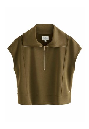 Olijfgroen cropped top met een hoge kraag, korte mouwen en een rits aan de voorkant. Gemaakt van gladde stof met een getailleerd silhouet.