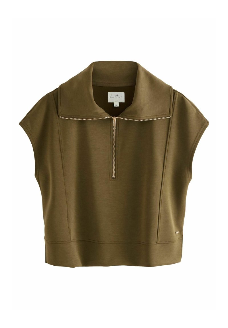 Olijfgroen cropped top met een hoge kraag, korte mouwen en een rits aan de voorkant. Gemaakt van gladde stof met een getailleerd silhouet.