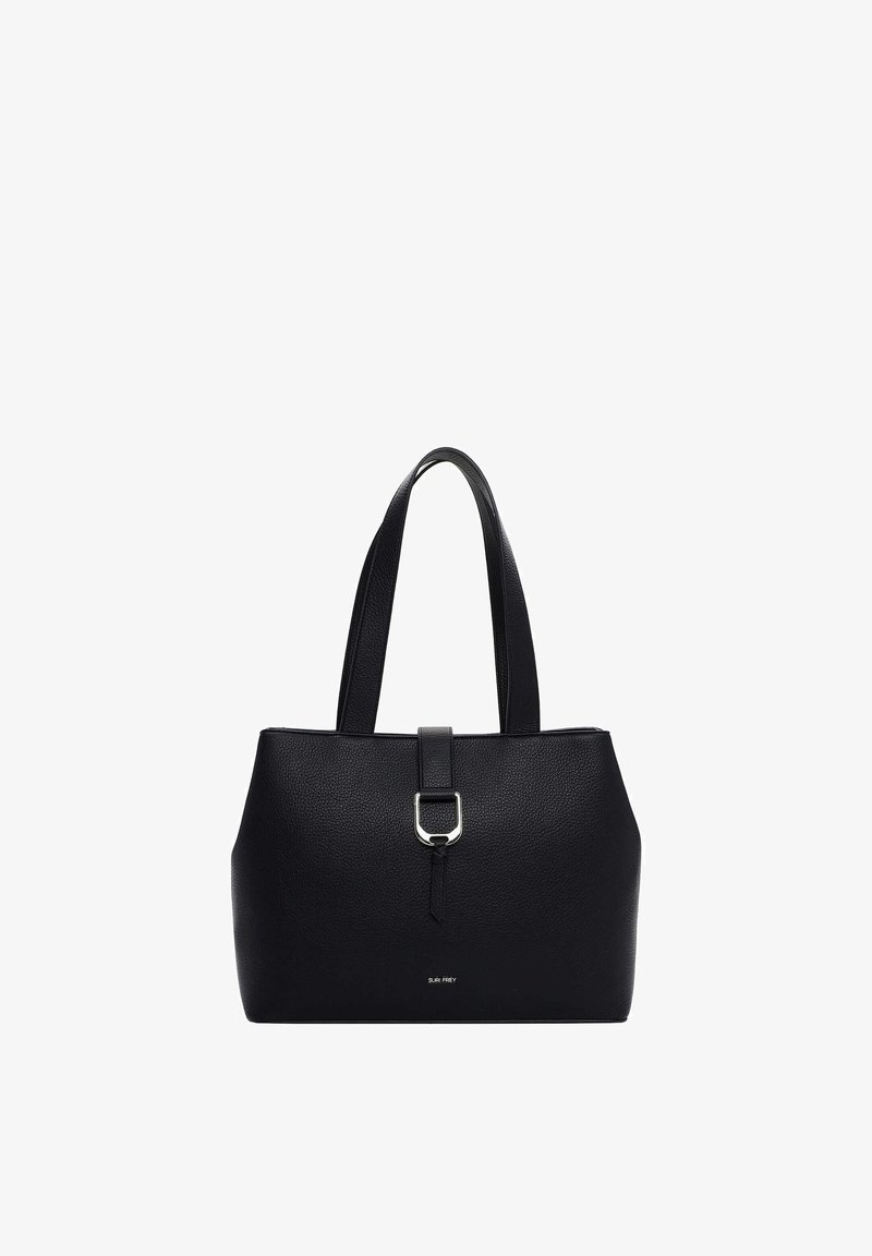 Sac fourre-tout en cuir noir à finition texturée, avec une boucle argentée en accent et deux anses pour le transport. Fond plat pour la stabilité.