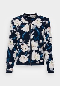 Blommig zip-up jacka med marinblå bakgrund, vita och pastellblommönster samt ribbad krage och ärmslut. Tillverkad av mjukt tyg.