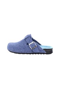 Zoccoli in feltro blu con cinturino regolabile e suola nera, progettati per essere indossati in casa o per un look casual.