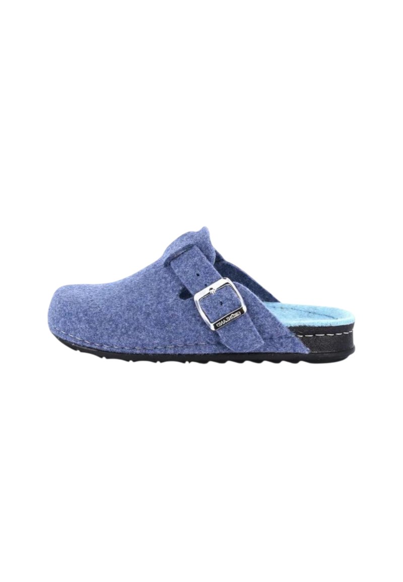 Zoccoli in feltro blu con cinturino regolabile e suola nera, progettati per essere indossati in casa o per un look casual.
