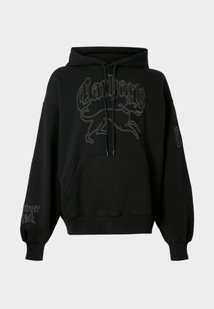Black hoodie made of soft fabric, featuring a kangaroo pocket, drawstring hood, and white embroidered graphics on the chest and sleeves.