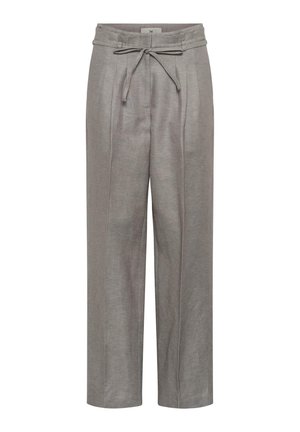 Pantalon gris taille haute à jambes droites avec plis à l'avant et ceinture en tissu nouée en nœud à la taille.