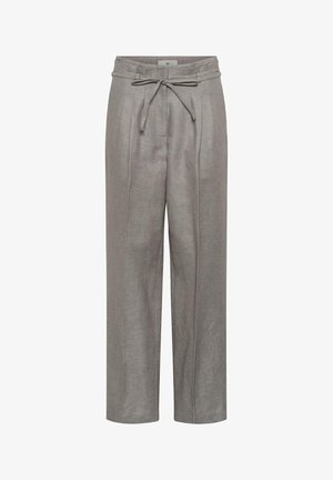 Pantalon gris taille haute à jambes droites avec plis à l'avant et ceinture en tissu nouée en nœud à la taille.