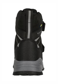 Bottes de randonnée noires avec un bout rond, tige texturée, accents gris, sangle ajustable et support renforcé au niveau du talon. Comprend des détails réfléchissants.