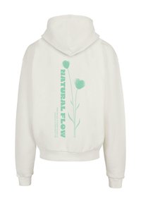 Bílé mikina s kapucí, dlouhými rukávy a zadním grafickým designem se dvěma mátově zelenými květinami a textem "NATURAL FLOW."