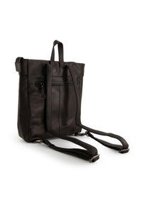 Sac fourre-tout en cuir noir avec double poignées et bandoulières amovibles, comprenant une poche zippée à l'avant et une texture lisse.
