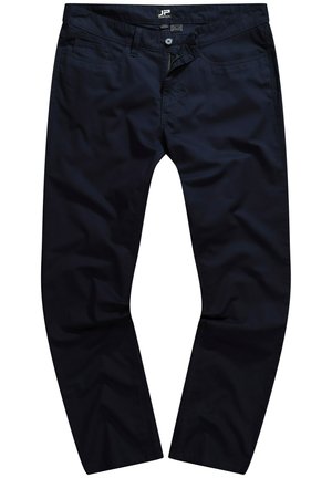 Marineblauwe katoenen chino's met een slim fit, ritssluiting, knoopsluiting en vijf zakken. Glad oppervlak met minimale stikseldetails.