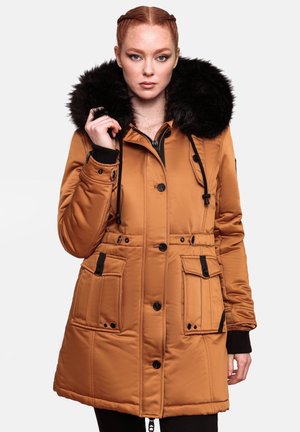 Tan puffer jacket with a black faux fur hood, featuring a zip and button closure, two front pockets, and ribbed cuffs.