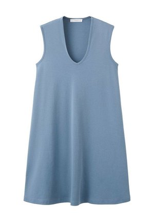 Sleeveless blue dress with a V-neckline and A-line silhouette made of soft, smooth fabric.
