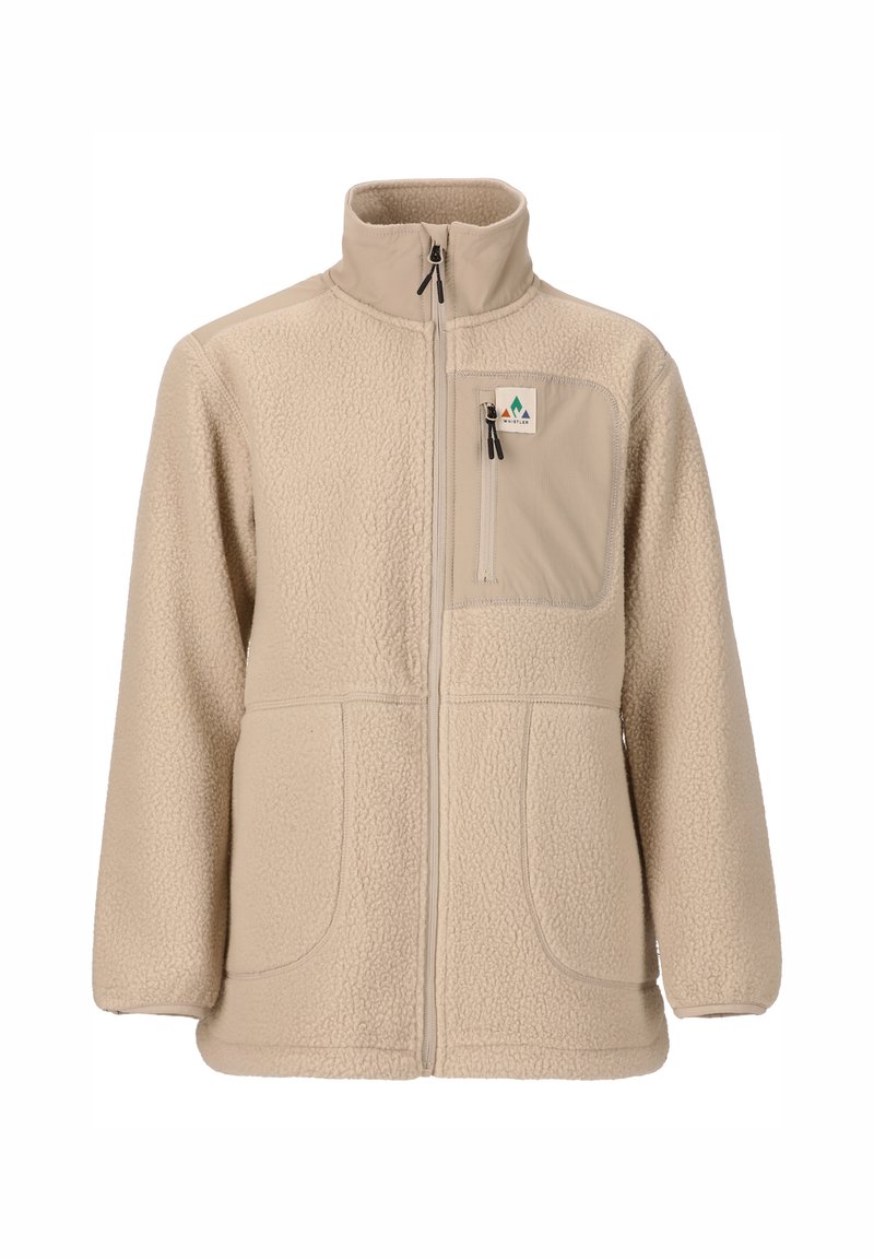 Beige fleecejakke med høj krave, frontlynlås og en brystlomme. Har to frontlommer og en struktureret overflade.