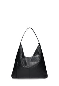 Schwarze Hobo-Tasche aus Leder mit gestepptem Muster und einem einzelnen Schulterriemen. Verfügt auf einer Seite über eine Reißverschlusstasche für zusätzlichen Nutzen.