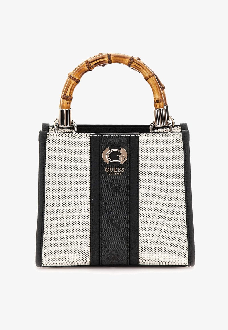 MustHave: musta ja valget värvi käekott, mille keha on tekstuurse võrgusilma kuma, külgedel on mustad tahked paneelid, bambusest käepide ning esiküljel hõbedane logo aksessuaariat.