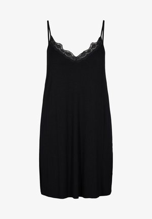 Black sleeveless nightgown with a v-neckline, adorned with delicate lace trim at the neckline, made from soft fabric, draping design.