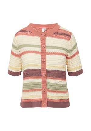Cardigan a righe in colori pastello, con maniche corte, colletto rotondo e chiusura a bottoni. Realizzato in materiale lavorato a maglia con motivi testurizzati.