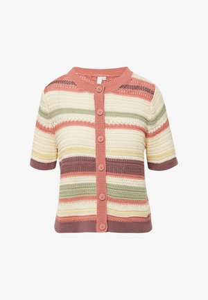 Gestreepte cardigan in pastelkleuren, met korte mouwen, een ronde kraag en knoopsluiting. Gemaakt van gebreid materiaal met gestructureerde patronen.