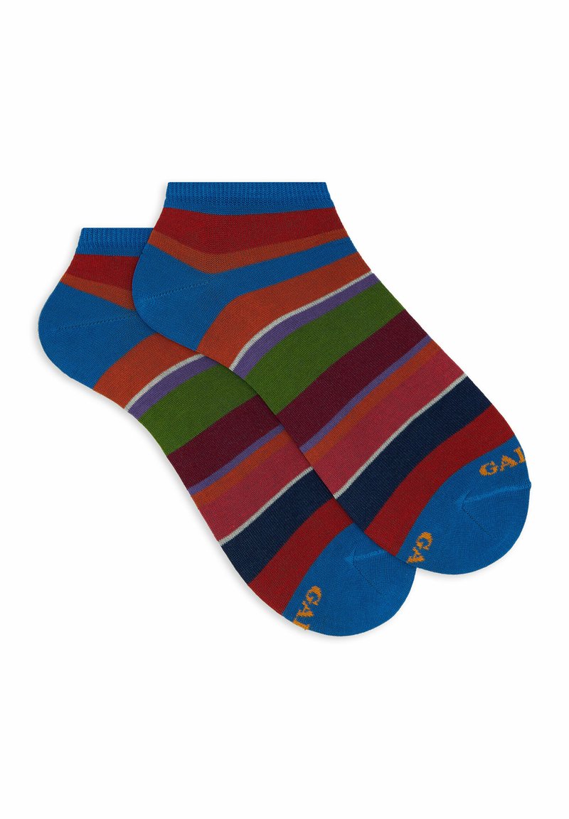 Calzini alla caviglia colorati con strisce orizzontali in blu, rosso, verde e viola. Realizzati in tessuto morbido con talloni e punte rinforzati.
