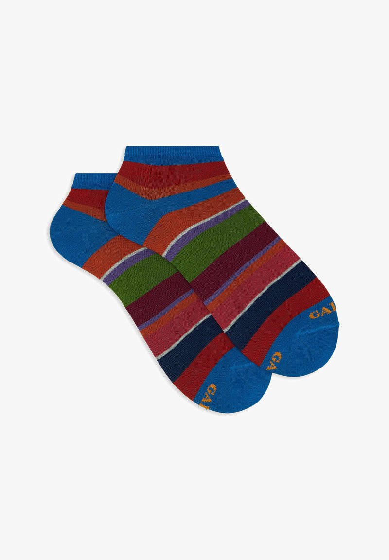 Calzini alla caviglia colorati con strisce orizzontali in blu, rosso, verde e viola. Realizzati in tessuto morbido con talloni e punte rinforzati.