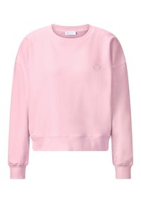 Roze sweatshirt gemaakt van zacht, middelzwaar materiaal. Heeft een ronde hals, verlaagde schouders en een klein geborduurd logo op de borst.