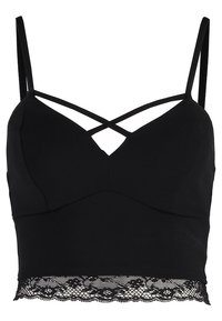 Bralette nera con scollatura a V, spalline incrociate e bordino in pizzo. Realizzata in materiale morbido per il massimo comfort.