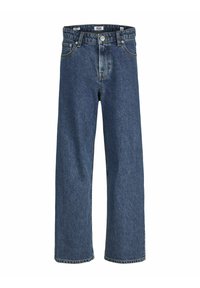 Jean en denim bleu, taille haute, avec jambes droites. Comprend cinq poches, fermeture à bouton et à glissière, et surpiqûres contrastantes.