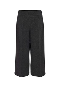 Pantalon noir à jambes larges en matière texturée, avec une ceinture lisse et une coupe ample s'étendant jusqu'au milieu du mollet.