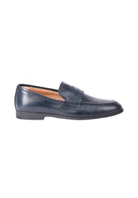 Mocassini in pelle blu navy dal design elegante, con una parte anteriore cucita e una suola in gomma bassa. Texture liscia con una leggera lucentezza.
