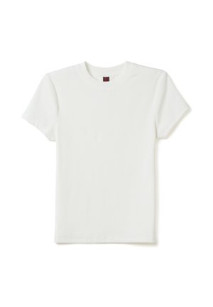 T-shirt bianco a maniche corte, realizzato in cotone, presenta un classico collo tondo e una texture liscia e leggera, senza motivi o accenti visibili.