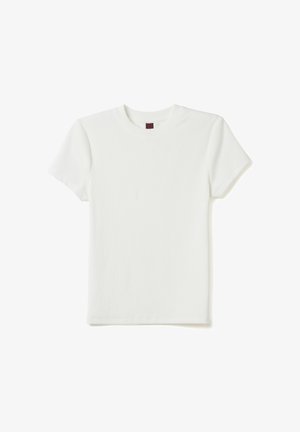 Weißes T-Shirt mit kurzen Ärmeln, aus Baumwolle gefertigt, verfügt über einen klassischen Rundhalsausschnitt und eine glatte, leichte Textur, ohne sichtbare Muster oder Akzente.