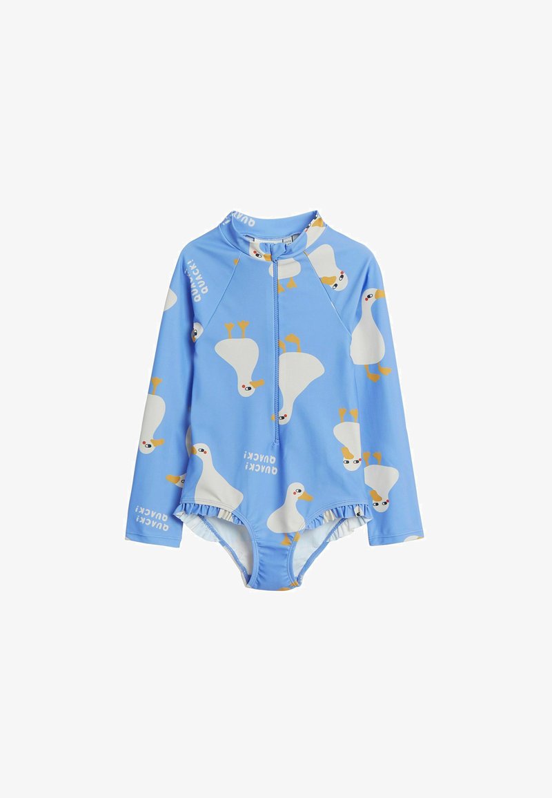 Langarmiger blauer Badeanzug mit einem weißen Entenmuster, einem Reißverschluss vorne und Rüschendetails am Saum. Hergestellt aus dehnbarem Stoff.