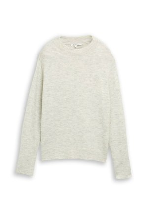 Maglione lavorato a maglia grigio chiaro con maniche lunghe, scollatura rotonda e polsini e orlo a coste. Texture morbida e design leggermente accorciato.