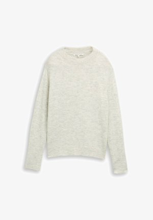 Ljusgrå stickad tröja med långa ärmar, rund halsringning och ribbade muddar och fåll. Mjuk textur och något kortad design.